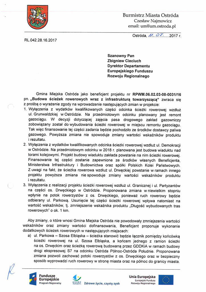 Pismo do Urzędu Marszałkowskiego - usunięcie odcinka