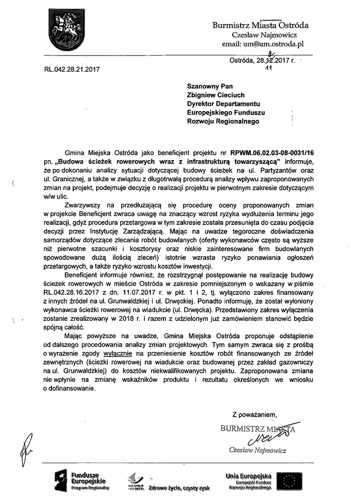 Pismo do Urzędu Marszałkowskiego - przywrócenie odcinka