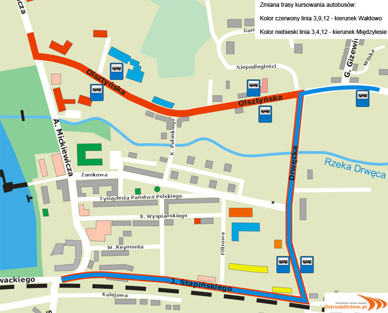 Mapa: Zmiana trasy autobusów. Kolor czerwony kierunek Wałdowo, kolor niebieski kierunek Międzylesie. Źródło: mapa.ostroda.pl Mapa: Zmiana trasy autobusów. Kolor czerwony kierunek Wałdowo, kolor niebieski kierunek Międzylesie. Źródło: mapa.ostroda.pl
