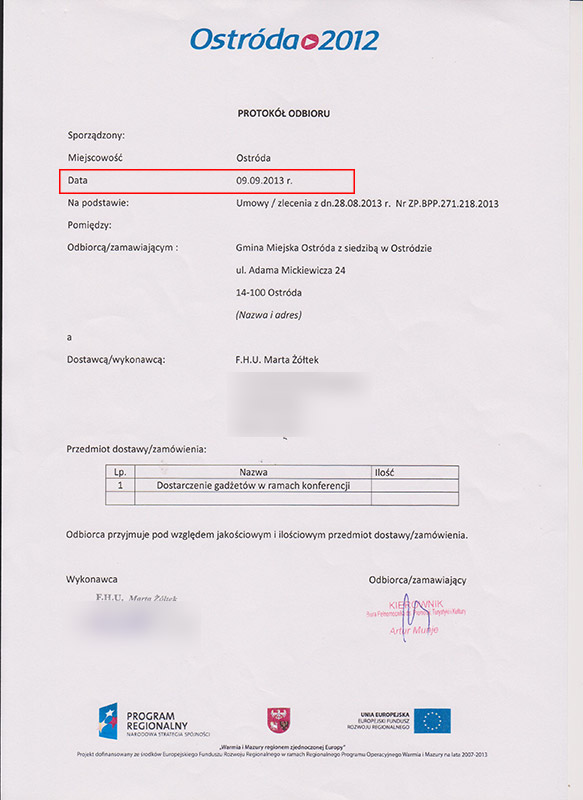 Protokół zdawczo-odbiorczy na gadzety. Protokół zdawczo-odbiorczy na gadzety.